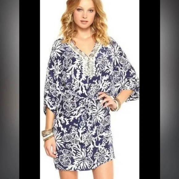 Lilly Pulitzer “Wilda” Silk Caftan Dress XS | Beaded Neckline | Coastal Glam - Picture 2 of 5